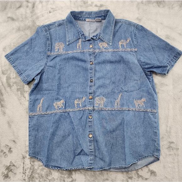 Vintage 90s Cabin Creek Denim Button Up Shirt Size L Blue Embroidered Animals - Picture 1 of 12